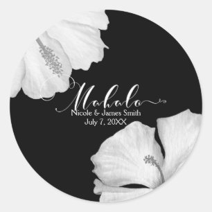 Sticker Rond Hibiscus Blanc Cadeau de Mariage Tropical Noir Mah