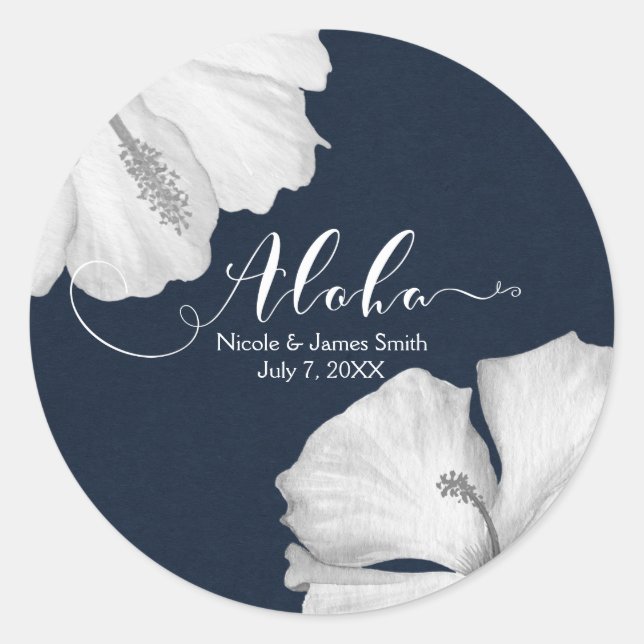 Sticker Rond Hibiscus blanc Faveur de mariage tropical bleu Alo (Devant)