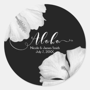 Sticker Rond Hibiscus blanc Noir Tropical Wedding Favor Aloha