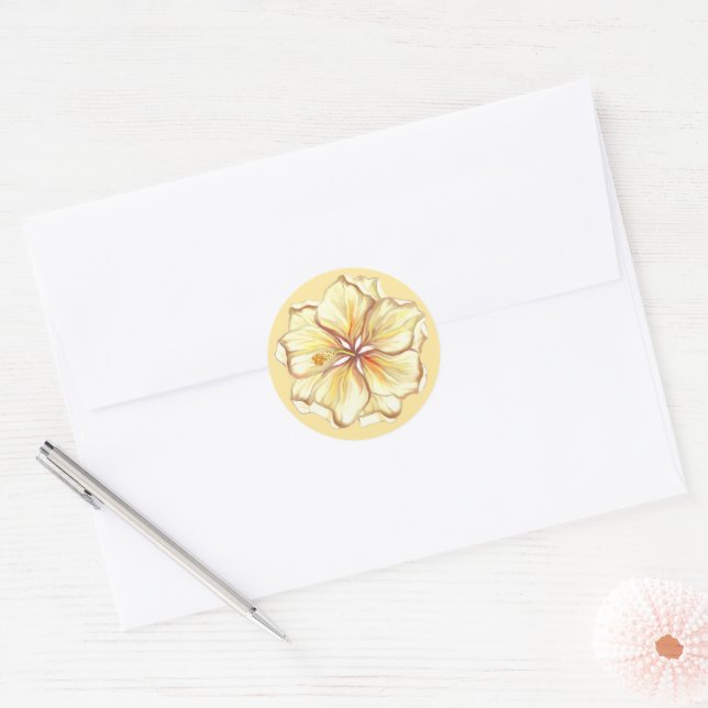 Sticker Rond Hibiscus & dentelle JAUNE (Enveloppe)