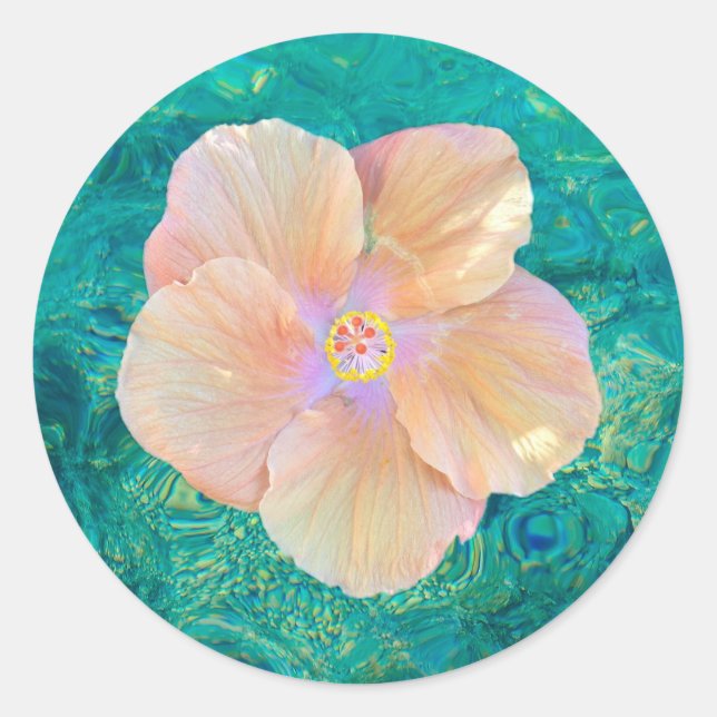 Sticker Rond Hibiscus fleur turquoise eau de l'océan Hawaïen (Devant)
