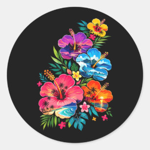 Sticker Rond Hibiscus Floral de Plage d'Été