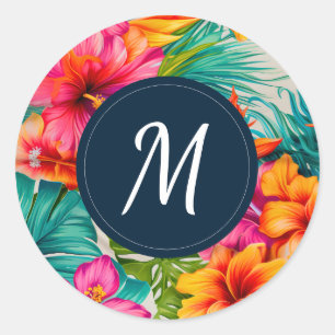 Sticker Rond Hibiscus floral tropical Monogramme