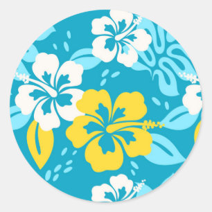 Sticker Rond Hibiscus hawaïen bleu motif floral
