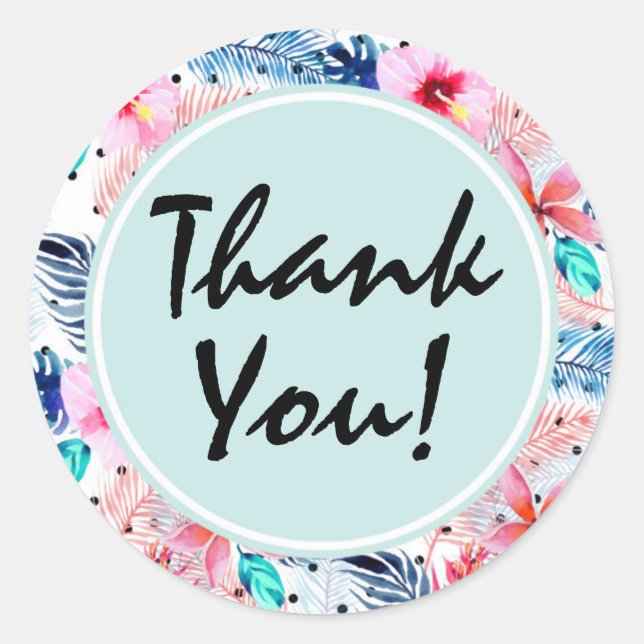 Sticker Rond Hibiscus hawaïens tropicaux et Merci en feuille de (Devant)