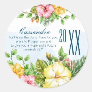 Sticker Rond Hibiscus Hawaiian Tropical Floral Graduation