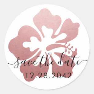 Sticker Rond Hibiscus rose Hawaii Mariage Enregistrer la date