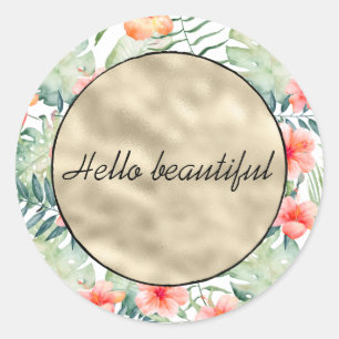 Sticker Rond Hibiscus rose tropical Or floral