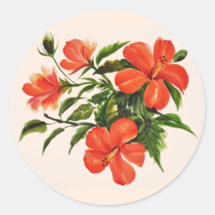 Sticker Rond Hibiscus rouge chaud