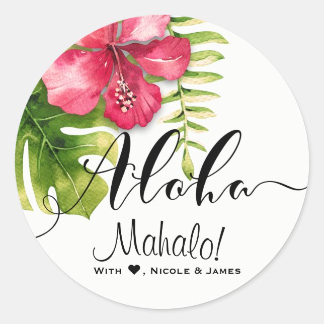 Sticker Rond Hibiscus Tropical Blanc Feuille Mariage Chic Favor (Devant)