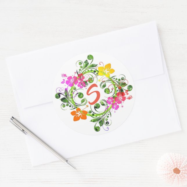 Sticker Rond Hibiscus tropical fleuri couronne vert rose jaune (Enveloppe)