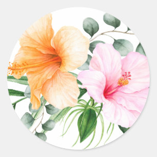 Sticker Rond Hibiscus Tropical Floral Orange et Rose