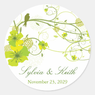 Sticker Rond Hibiscus vert Mariage floral et hirondelle