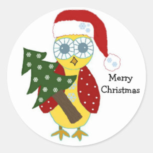 Sticker Rond Hibou avec un chapeau de Père Noël et un arbre de