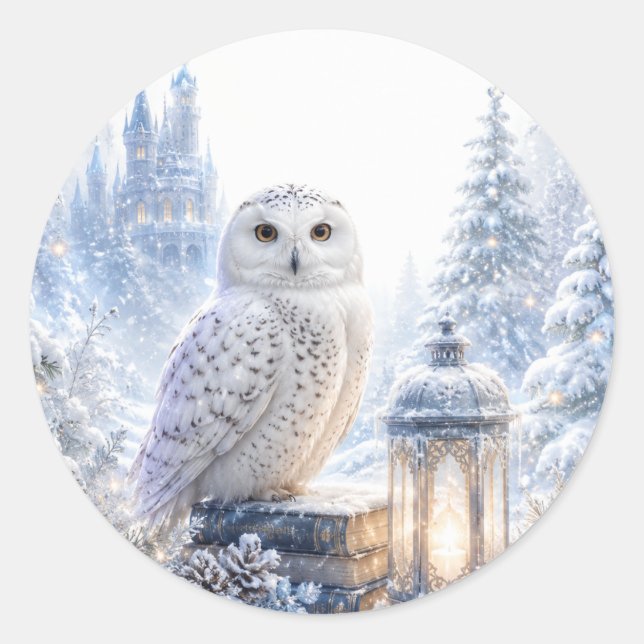 Sticker Rond Hibou Blanc Magie d'Hiver (Devant)