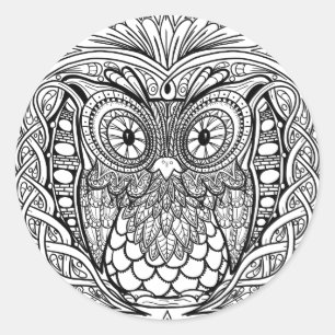 Sticker Rond Hibou noué de mandala noir et blanc