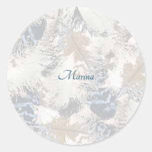 Sticker Rond hibou Plumes, gris, beige et bleu, oiseau, léger,