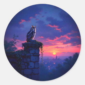 Sticker Rond Hibou sur le toit de la ville au coucher du soleil