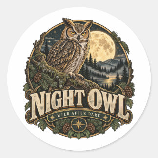 Sticker Rond Hibou Vintage Sous Pleine Lune
