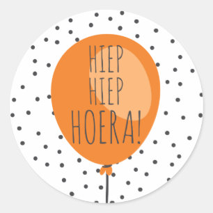 Sticker Rond Hiep Hiep Hoera Orange Balloon Néerlandais Anniver
