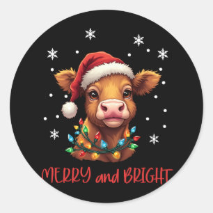 Sticker Rond Highland Baby Cow Lumières de Noël
