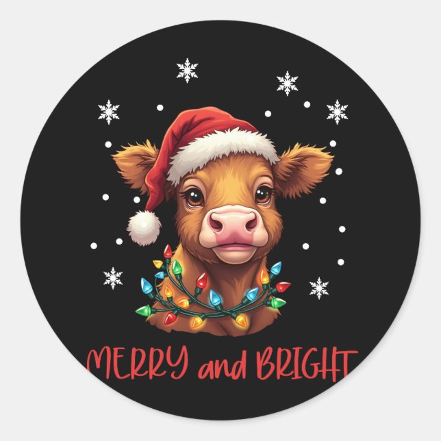 Sticker Rond Highland Baby Cow Lumières de Noël (Devant)