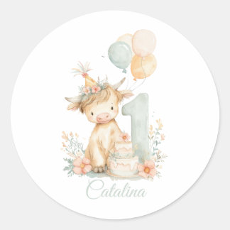 Sticker Rond Highland Cow 1st Birthday