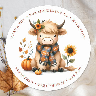 Sticker Rond Highland Cow Automne Cute Calf Baby shower