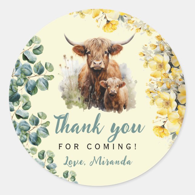 Sticker Rond Highland Cow Baby shower (Devant)