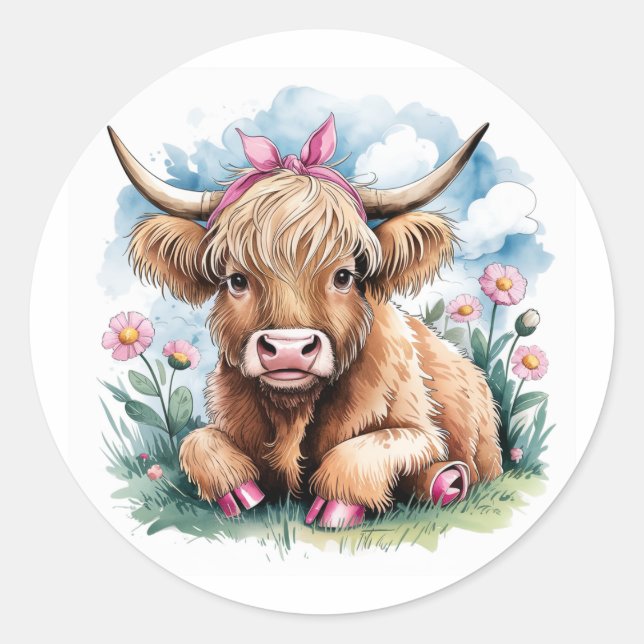 Sticker Rond Highland Cow Baby shower Bliss (Devant)