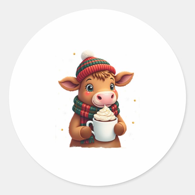 Sticker Rond Highland Cow Brushstroke Christmas T-Shirt (4) (Devant)