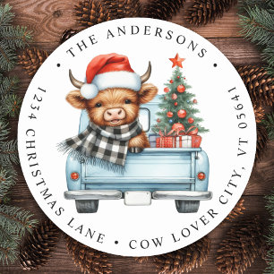 Sticker Rond Highland Cow Camion Vintage Adresse de retour de N