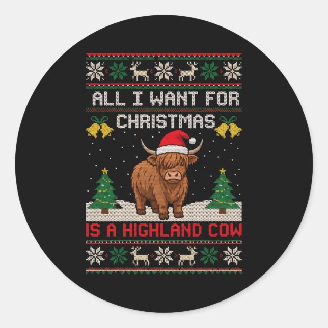 Sticker Rond Highland Cow Christmas Ugly Sweater Style Festive  (Devant)