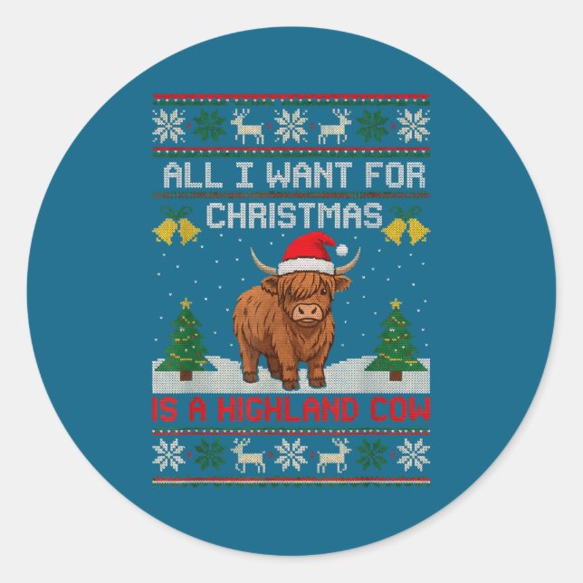 Sticker Rond Highland Cow Christmas Ugly Sweater Style Festive  (Devant)