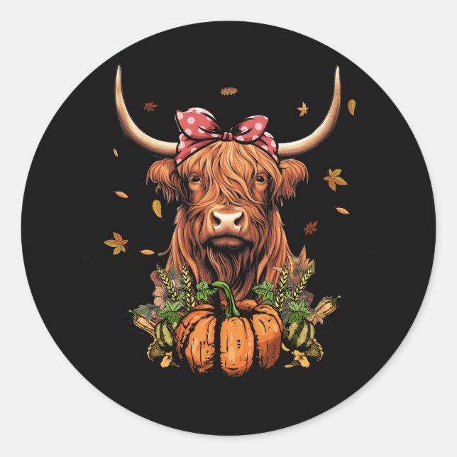 Sticker Rond Highland Cow Fall Et Citrouilles Feuille Automne R (Devant)