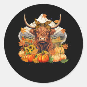 Sticker Rond Highland Cow Fall Et Citrouilles Feuille Automne R
