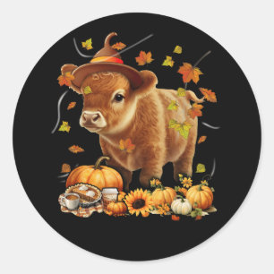 Sticker Rond Highland Cow Fall Et Citrouilles Feuille Automne R