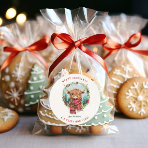 Sticker Rond Highland Cow Festive Animal de ferme Joyeux Noël