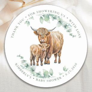 Sticker Rond Highland Cow Green Baby shower d'animaux de ferme