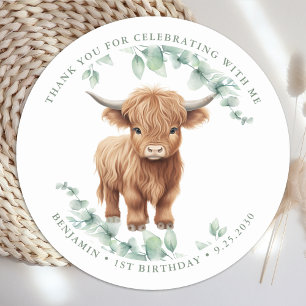 Sticker Rond Highland Cow Greenery Agritourisme Animaux Anniver