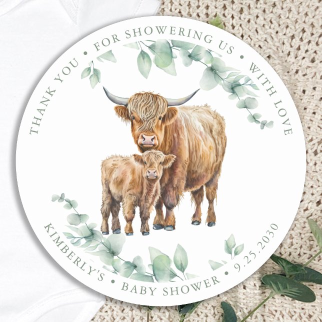 Sticker Rond Highland Cow Greenery Boho Farm Baby shower animal (Créateur téléchargé)
