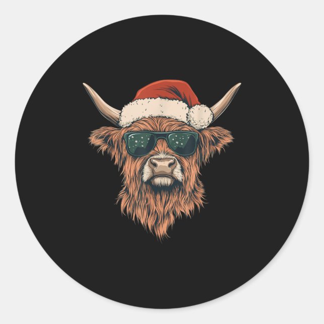Sticker Rond Highland Cow Santa Hat Funny Mignonne Animal Farme (Devant)