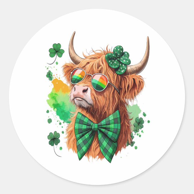 Sticker Rond Highland Cow St Patrick's, Lucky Cow (Devant)