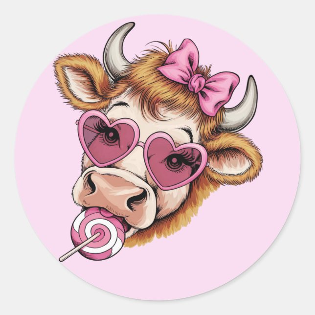 Sticker Rond Highland Cow Valentine Coquette Saint-Valentin (Devant)