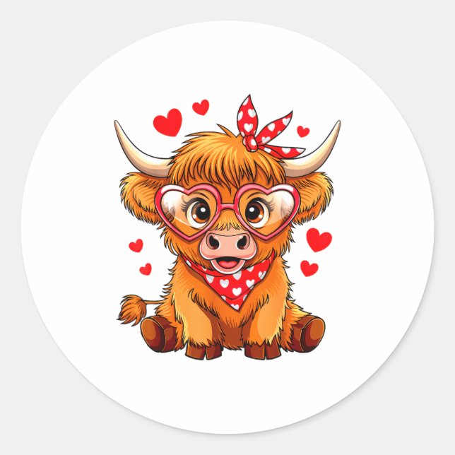 Sticker Rond Highland Cow Valentines Day Funny Hearts Valentine (Devant)