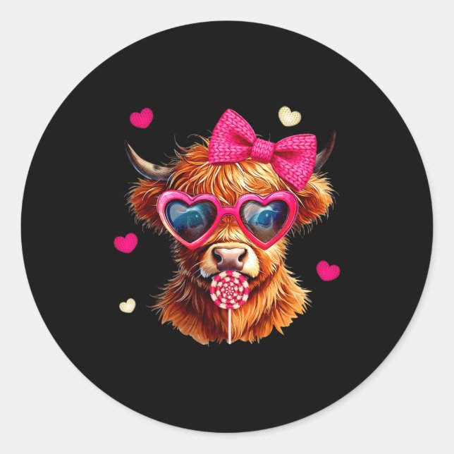 Sticker Rond Highland Cow Valentines Day Funny Hearts Valentine (Devant)