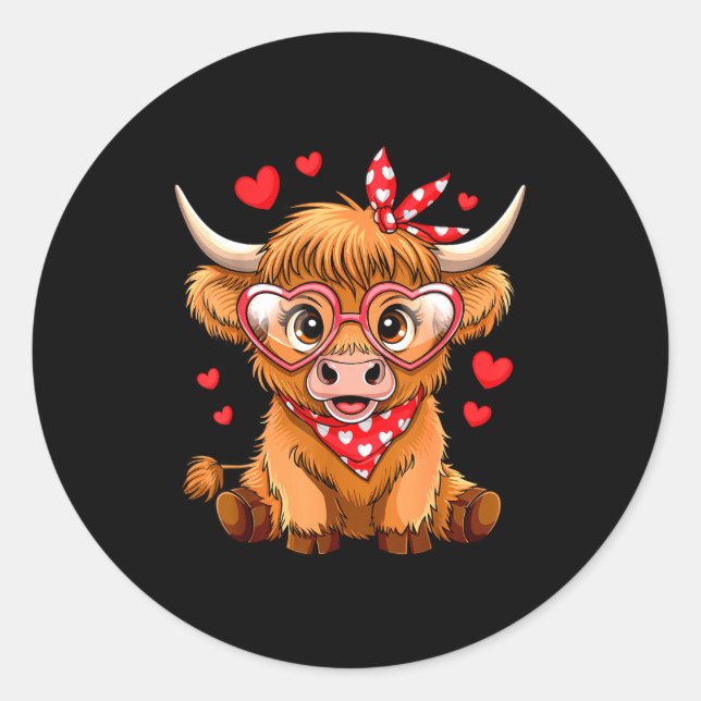 Sticker Rond Highland Cow Valentines Day Funny Hearts Valentine (Devant)