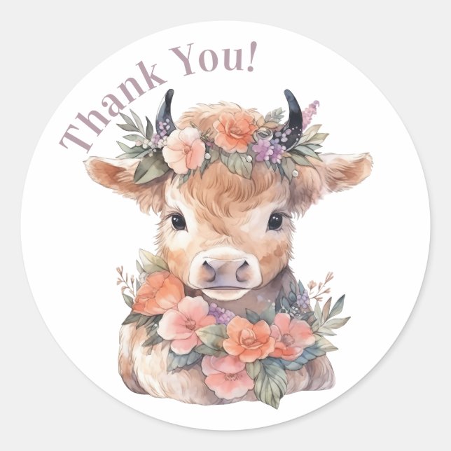 Sticker Rond Highland vache fleurie boho fête en faveur autocol (Devant)