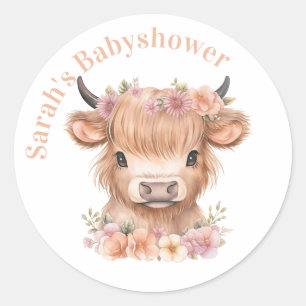 Sticker Rond Highland vache fleurie boho fête en faveur autocol