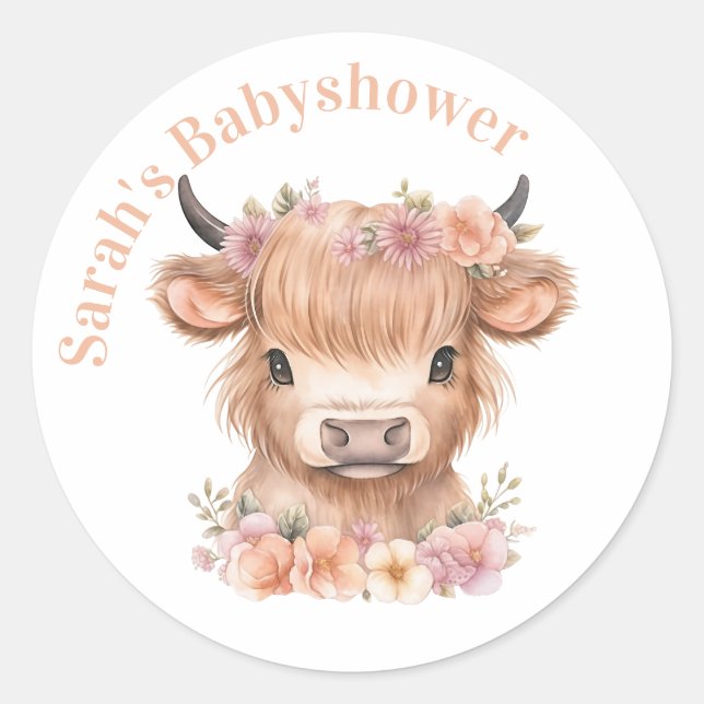 Sticker Rond Highland vache fleurie boho fête en faveur autocol (Devant)